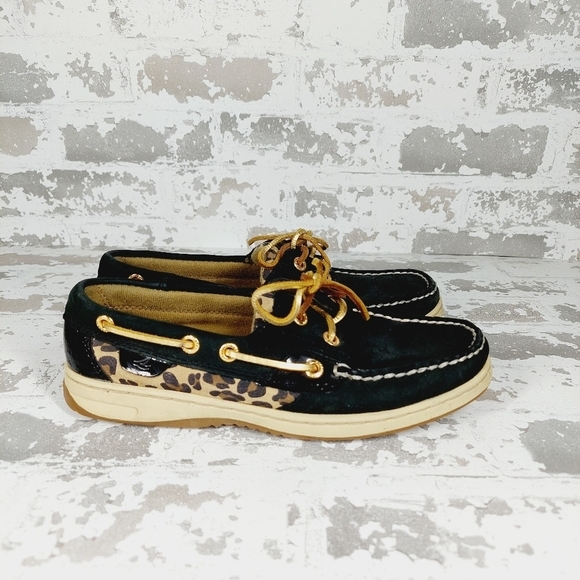 Sperry Topsider Women’s Black Leopard Angelfish Boat Shoes Flat Loafers D292 - Picture 2 of 8